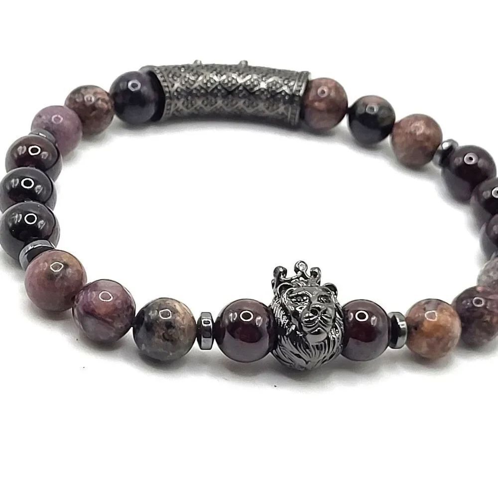 Healing Chocolate Agate Lion Bead Bracelet 7.5in